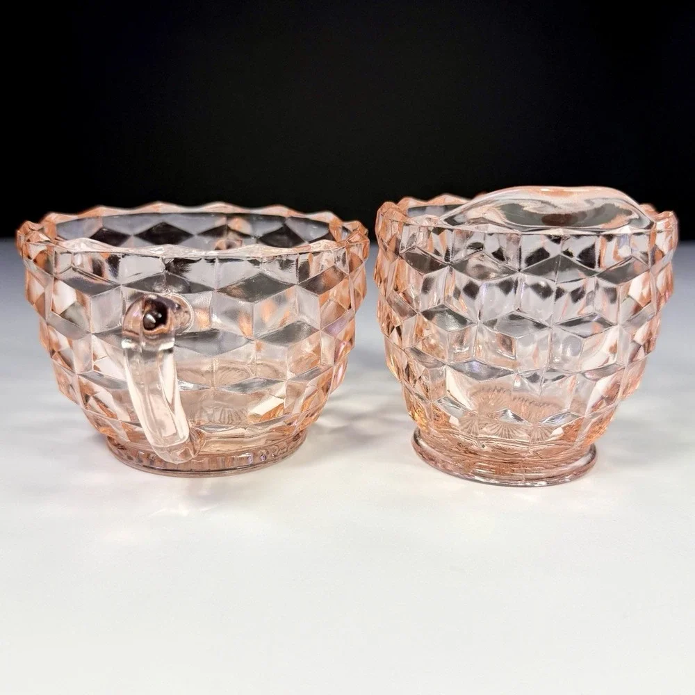 Vintage Jeannette Cubist Pink Depression Glass Sugar & Creamer Set Cube Pattern